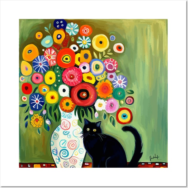 Still Life Painting with Black Cat and Flowers in a White Vase Wall Art by bragova